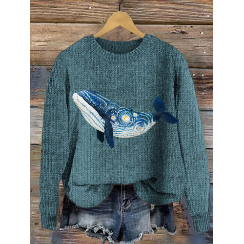 Van Gogh Whale Embroidery Cozy Knit Sweater