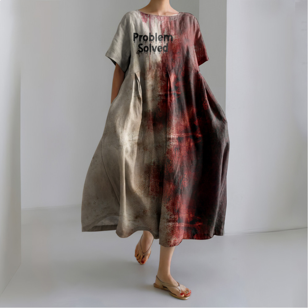 Vintage Bloody Problem Solved Halloween Print Loose Short Sleeved Midi Dress