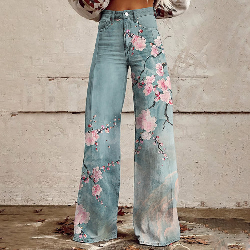 Vintage Blossom Japanese Art Casual Wide Leg Jeans
