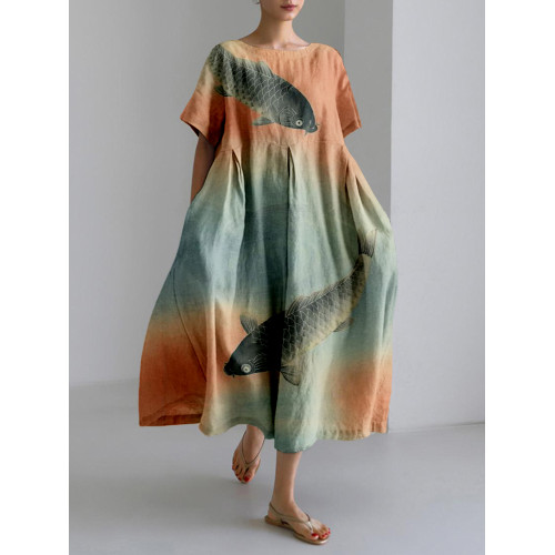 Vintage Carps Art Pattern Linen Blend Maxi Dress