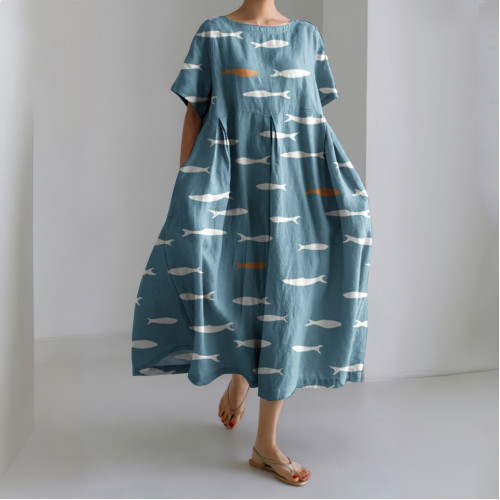 Vintage Color Block School Fish Printed Linen Blend Midi Dress