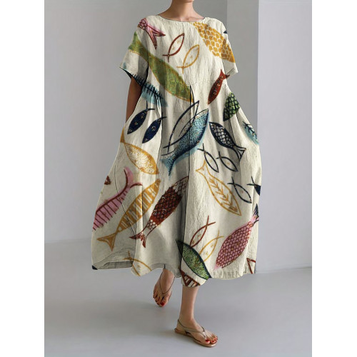 Vintage Colorful Fish Lino Art Linen Blend Maxi Dress