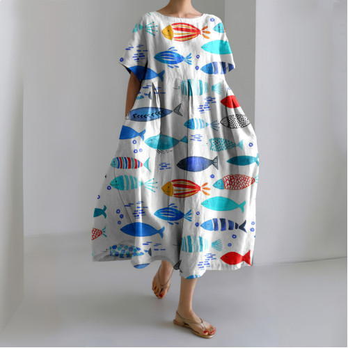 Vintage Colorful School Fish Printed Linen Blend Midi Dress