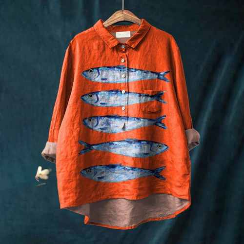 Vintage Cute Sardines Art Print Casual Cotton And Linen Shirt