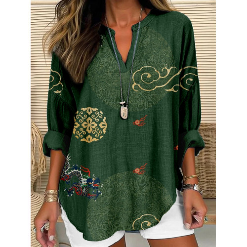 Vintage Dragon Pattern Linen Blend Cozy Shirt