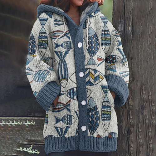 Vintage Fish Art Cozy Knit Hooded Cardigan