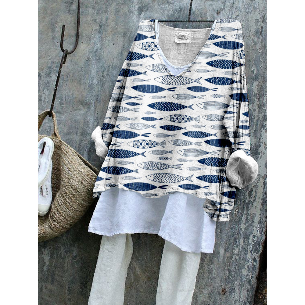 Vintage Fish Art Pattern Linen Blend Flowy Tunic