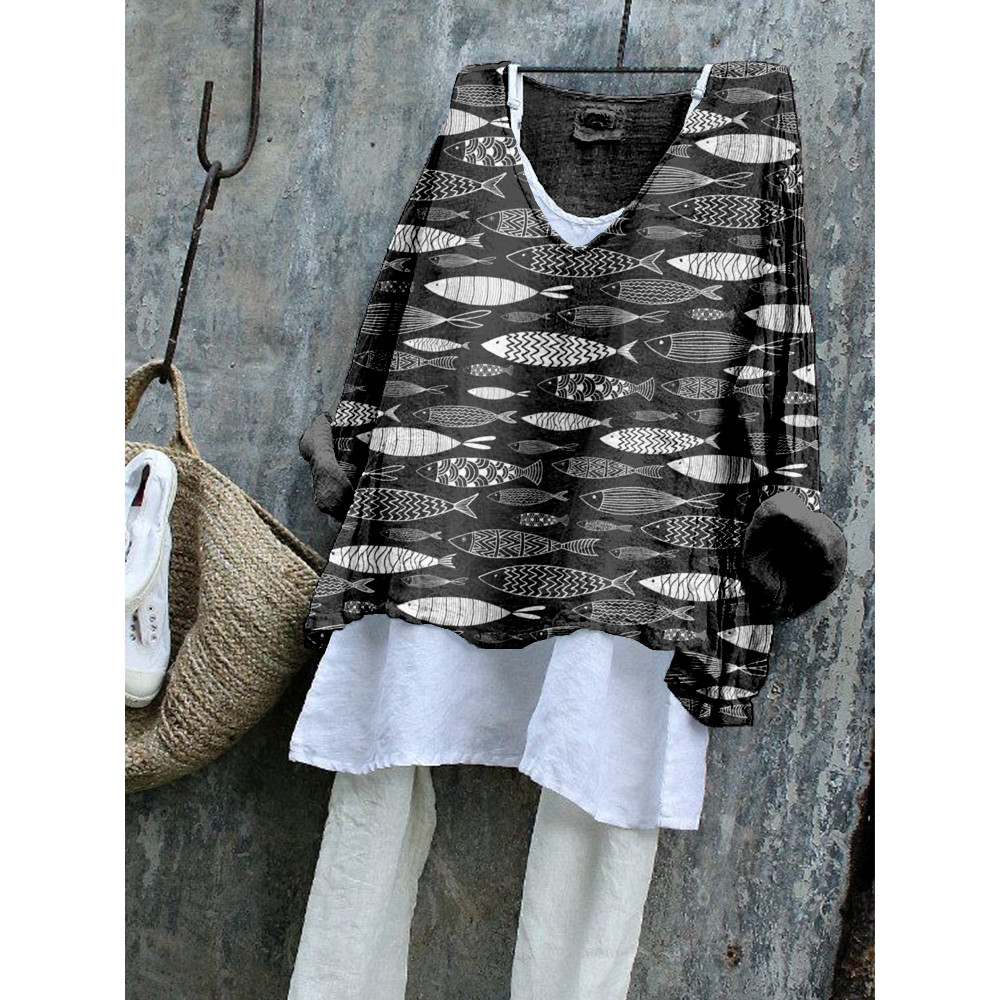 Vintage Fish Art Pattern Linen Blend Flowy Tunic