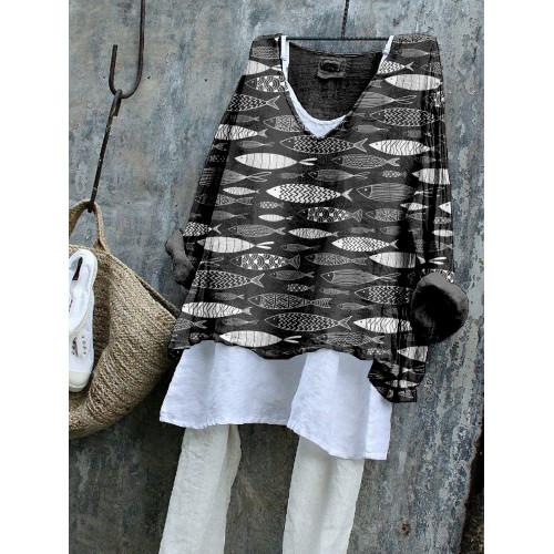 Vintage Fish Art Pattern Linen Blend Flowy Tunic