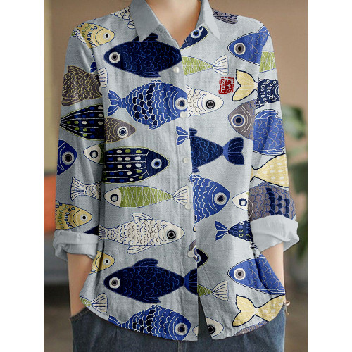 Vintage Fish Japanese Art Linen Blend Blouse