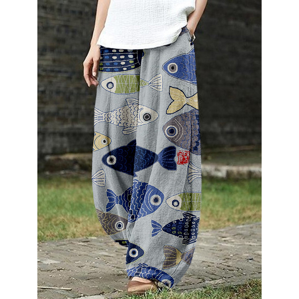 Vintage Fish Japanese Art Linen Blend Casual Pants