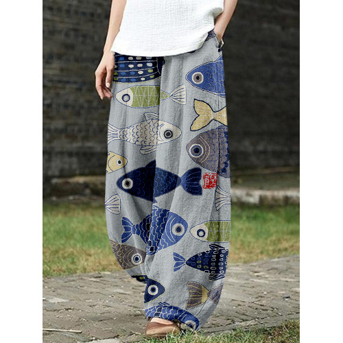 Vintage Fish Japanese Art Linen Blend Casual Pants