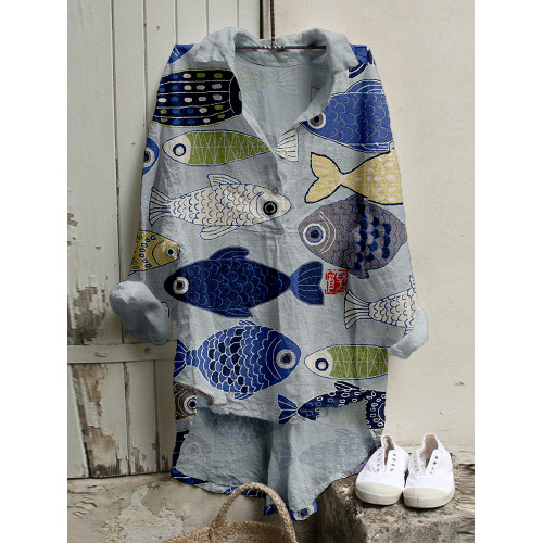 Vintage Fish Japanese Art Linen Blend Casual Tunic