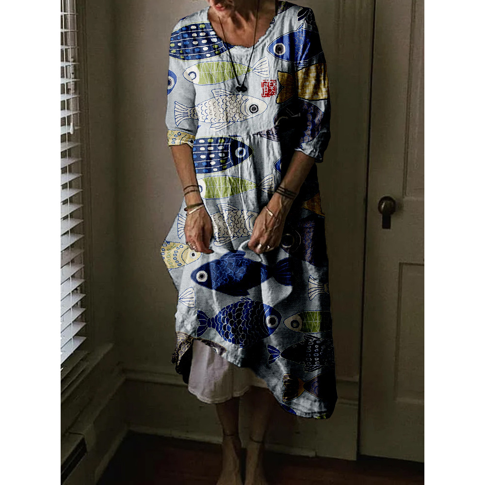 Vintage Fish Japanese Art Linen Blend Comfy Midi Dress