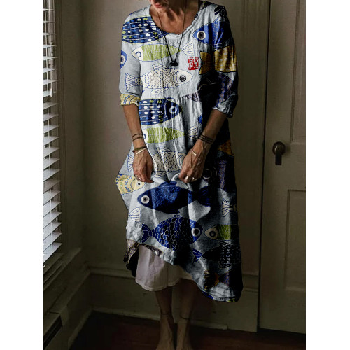 Vintage Fish Japanese Art Linen Blend Comfy Midi Dress