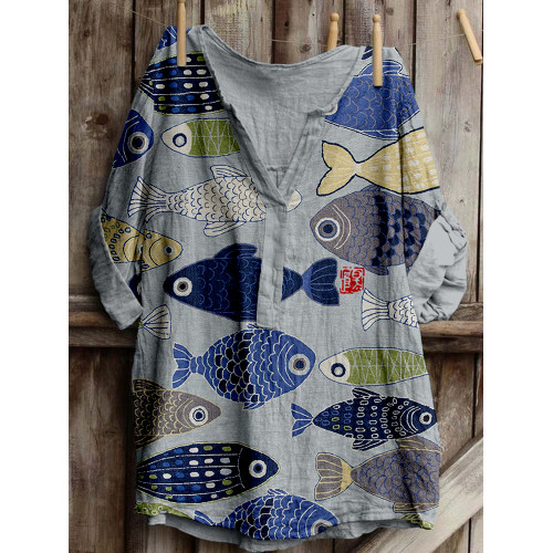 Vintage Fish Japanese Art Linen Blend Cozy Tunic