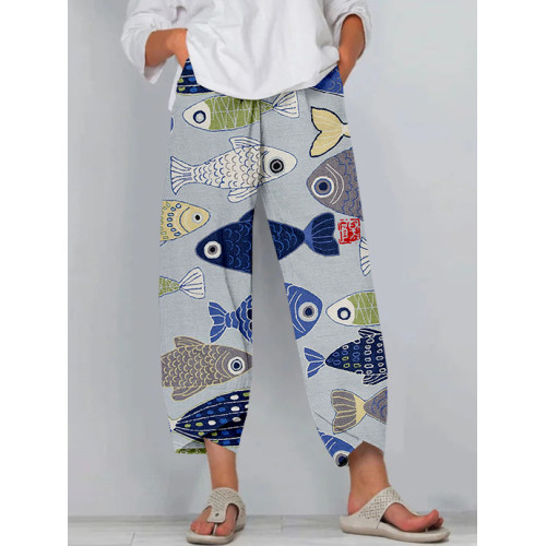 Vintage Fish Japanese Art Linen Blend Cropped Casual Pants