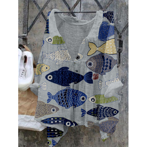 Vintage Fish Japanese Art Linen Blend Flowy Shirt