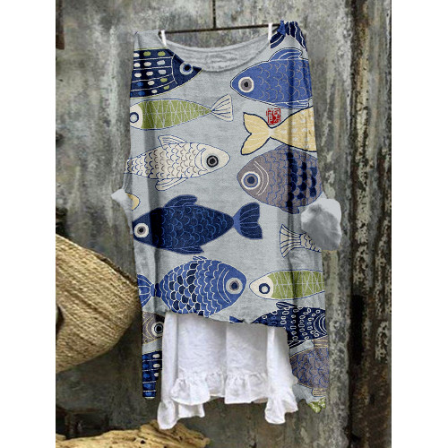 Vintage Fish Japanese Art Linen Blend Flowy Tunic
