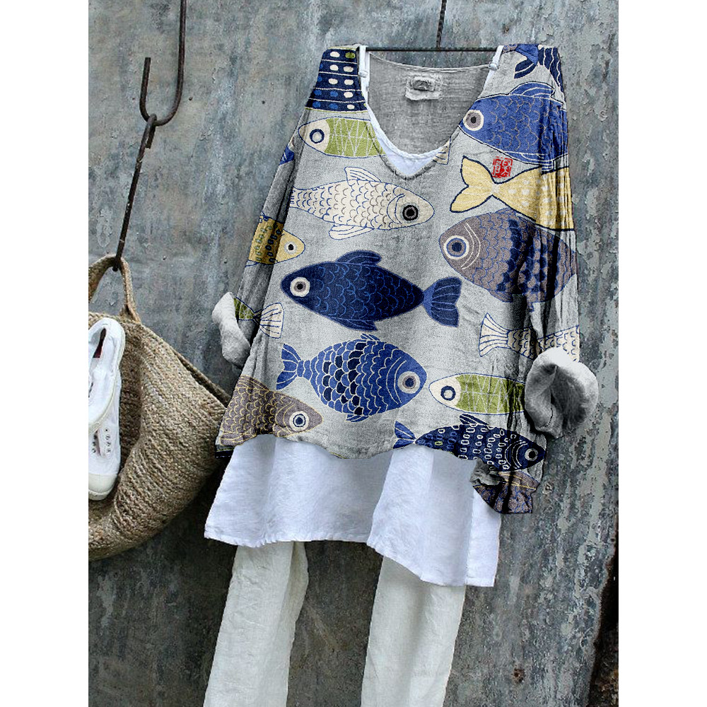 Vintage Fish Japanese Art Linen Blend Flowy Tunic