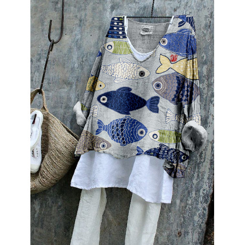 Vintage Fish Japanese Art Linen Blend Flowy Tunic