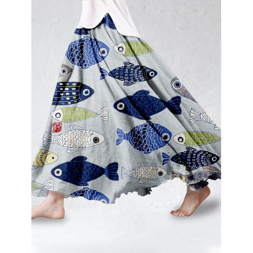 Vintage Fish Japanese Art Linen Blend Flowy Wide Skirt