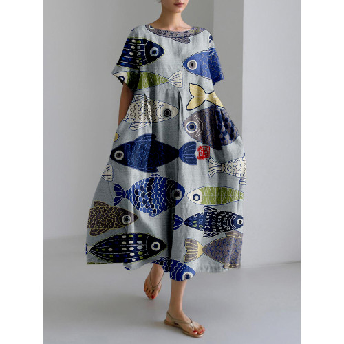Vintage Fish Japanese Art Linen Blend Midi Dress