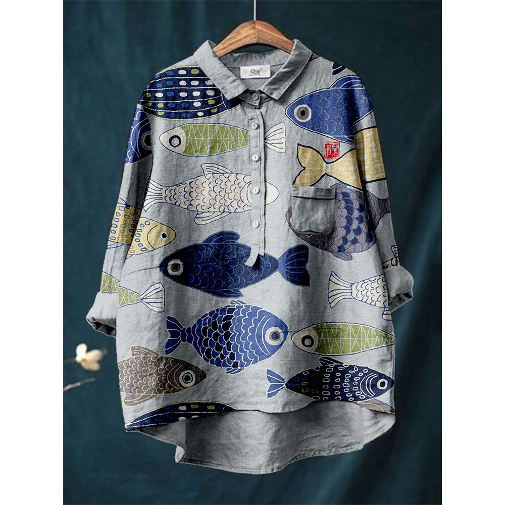 Vintage Fish Japanese Art Linen Blend Tunic