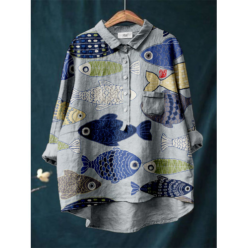 Vintage Fish Japanese Art Linen Blend Tunic