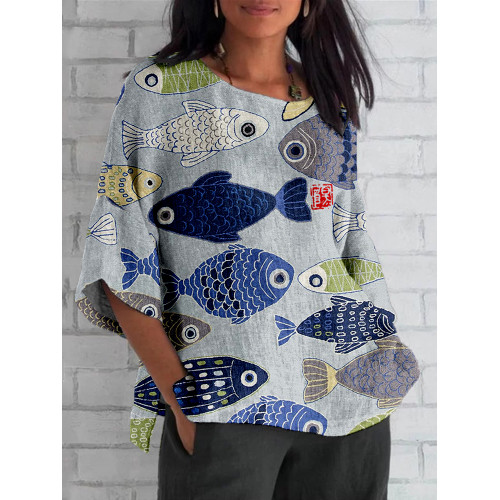 Vintage Fish Japanese Art Linen Blend Tunic