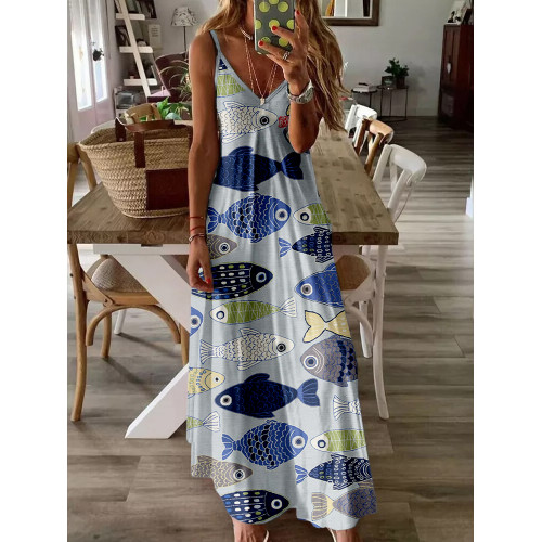 Vintage Fish Japanese Art V Neck Cami Maxi Dress