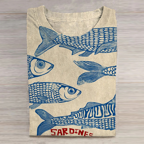 Vintage Fish Sardines Art Print Casual T-Shirt