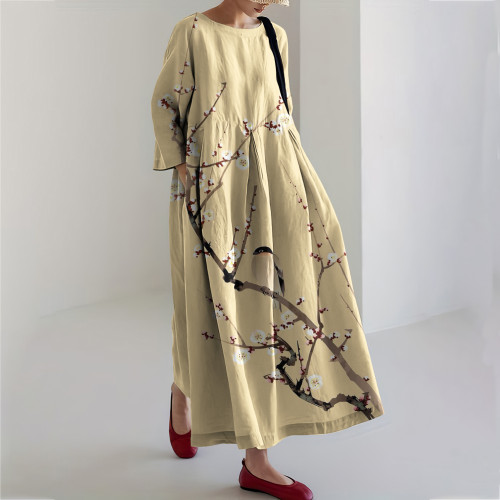 Vintage Floral Art Print Linen Blend Cozy Maxi Dress