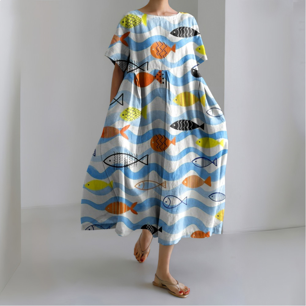 Vintage Geometry School Fish Printed Linen Blend Midi Dress