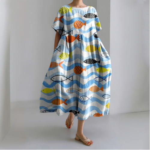 Vintage Geometry School Fish Printed Linen Blend Midi Dress