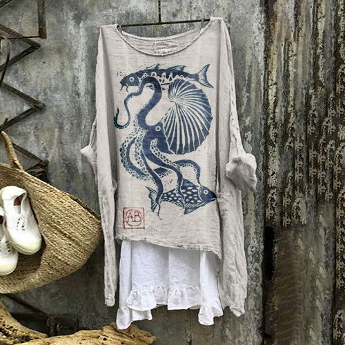 Vintage Japanese Art Ocean Octopus Linen Blend Shirt