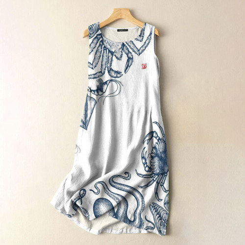Vintage Japanese Art Octopus And Crab Print Sleeveless Cotton And Linen Midi Dress