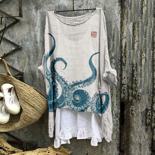 Vintage Japanese Art Octopus Cozy Linen Blend Shirt
