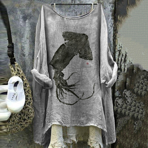 Vintage Japanese Art Octopus Cozy Round Neck Linen Blend Shirt