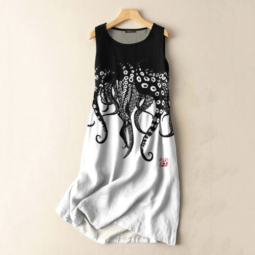 Vintage Japanese Art Octopus Legs Print Sleeveless Cotton And Linen Midi Dress