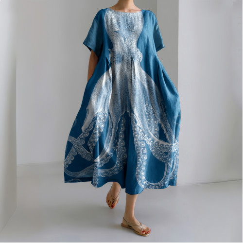 Vintage Japanese Art Octopus Print Casual Midi Dress