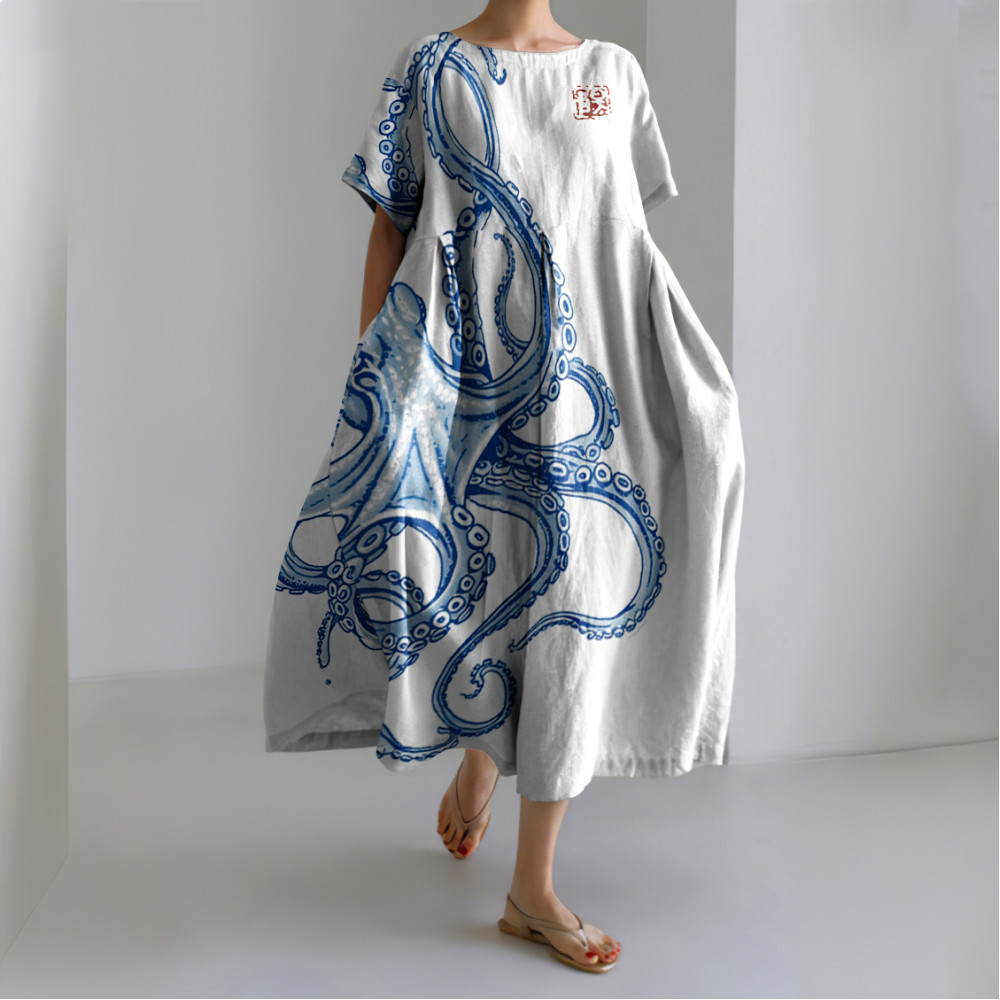 Vintage Japanese Art Octopus Print Casual Midi Dress