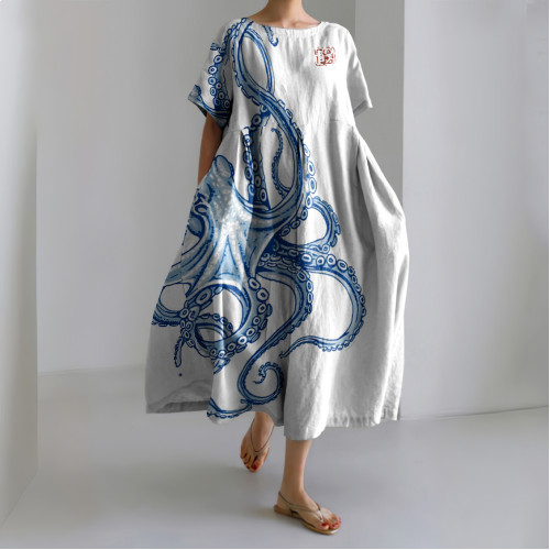 Vintage Japanese Art Octopus Print Casual Midi Dress