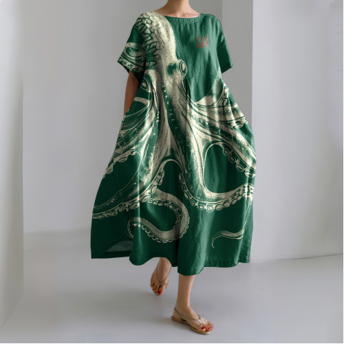 Vintage Japanese Art Octopus Print Casual Midi Dress