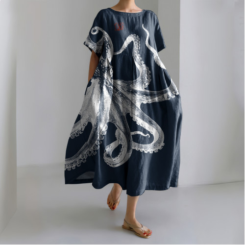 Vintage Japanese Art Octopus Print Casual Midi Dress