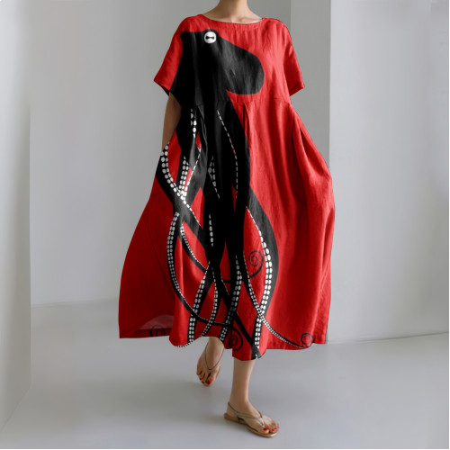 Vintage Japanese Art Octopus Print Casual Midi Dress