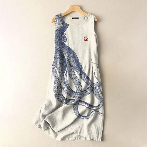 Vintage Japanese Art Octopus Print Sleeveless Cotton And Linen Midi Dress