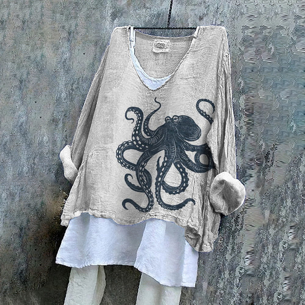 Vintage Japanese Art Octopus V Neck Linen Blend Shirt