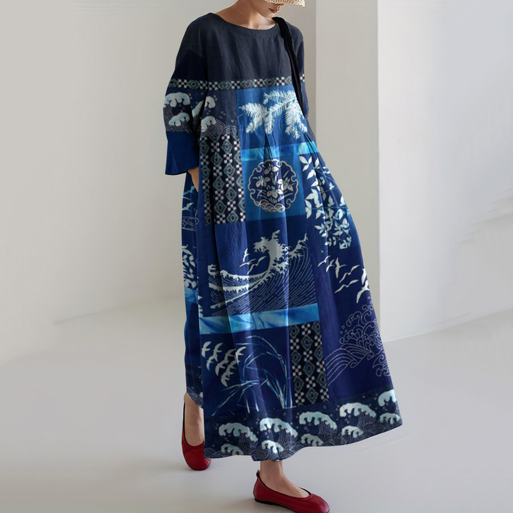 Vintage Japanese Art Of Plants Patchwork Waves Print Casual Midi Dress