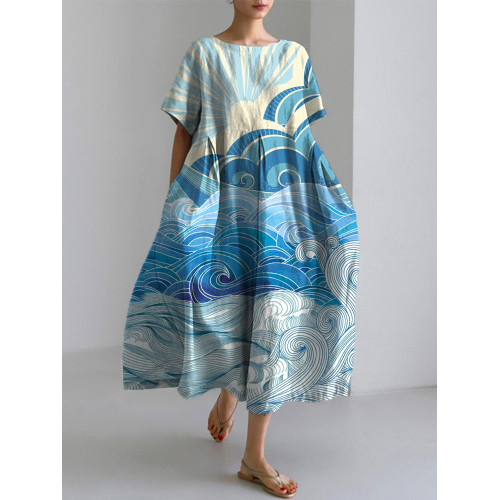 Vintage Japanese Art Sea Wave Linen Blend Maxi Dress